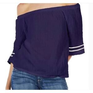 MICHAEL STARS Passport Navy Off the Shoulder Gauzy Cotton Blouse // M